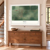 Hull, Illinois map, 24 x 36 inch print in a white frame above a dresser by a staircase