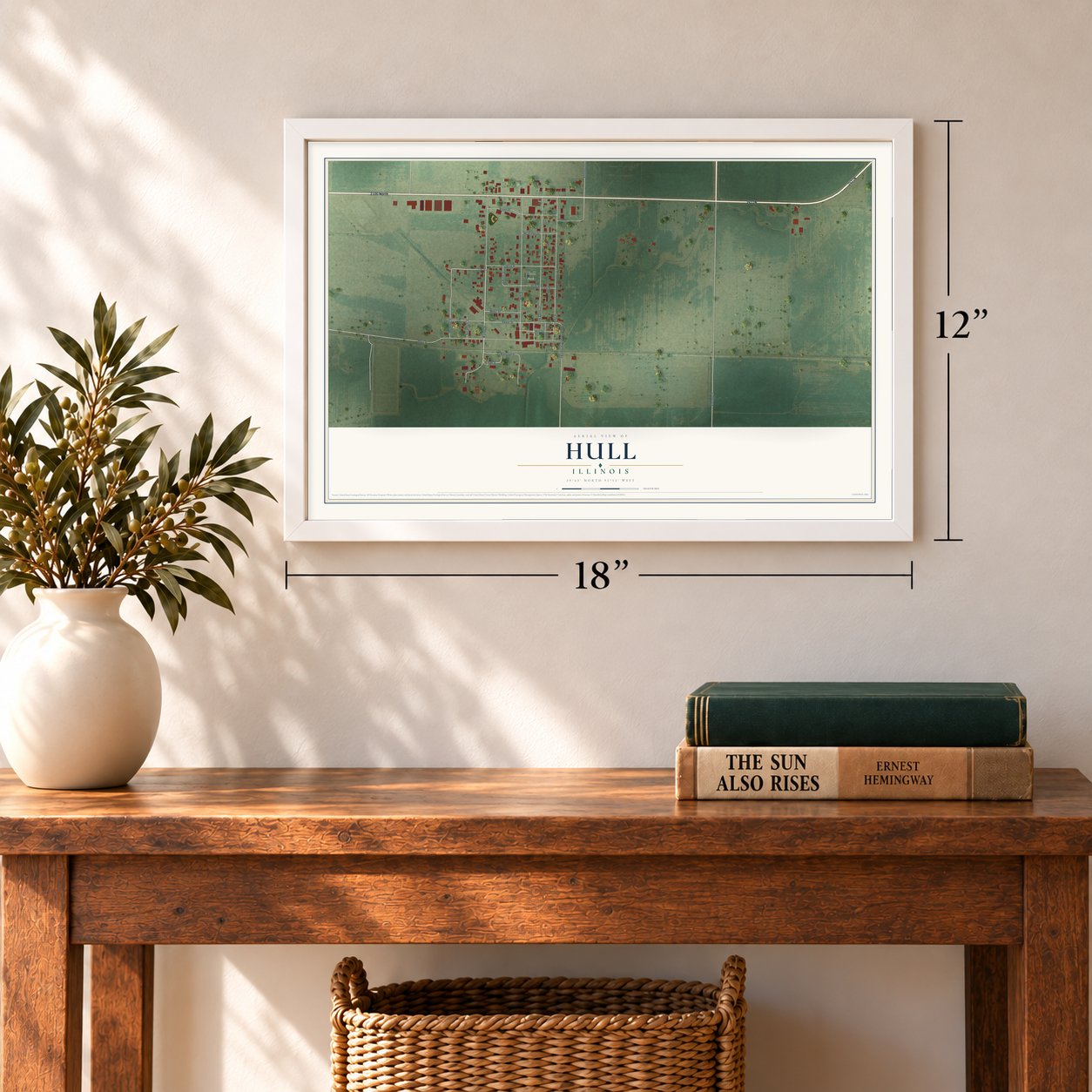 Hull, Illinois map, 12 x 18 inch print in a white frame in an entryway