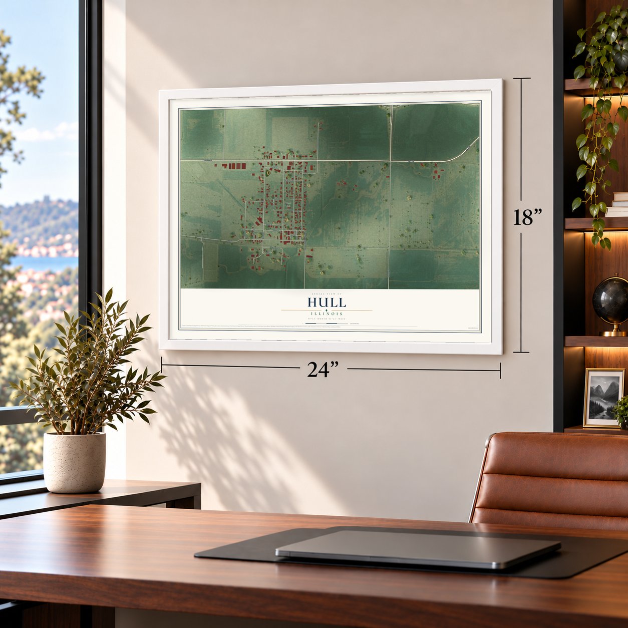 Hull, Illinois map, 18 x 24 inch print in a white frame in a home office