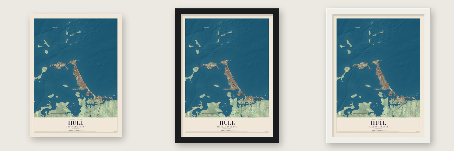 Hull, Massachusetts map unframed, in a black wood frame and in a white wood frame