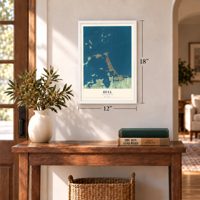 Hull, Massachusetts map, 12 x 18 inch print in a white frame in an entryway