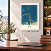 Hull, Massachusetts map, 18 x 24 inch print in a white frame in a home office