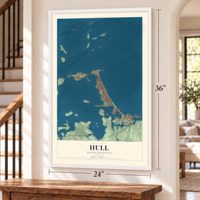 Hull, Massachusetts map, 24 x 36 inch print in a white frame by a staircase