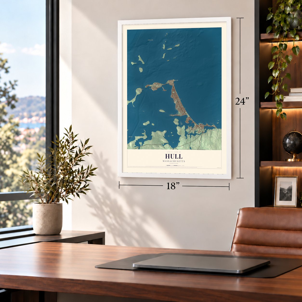 Hull, Massachusetts map, 18 x 24 inch print in a white frame in a home office