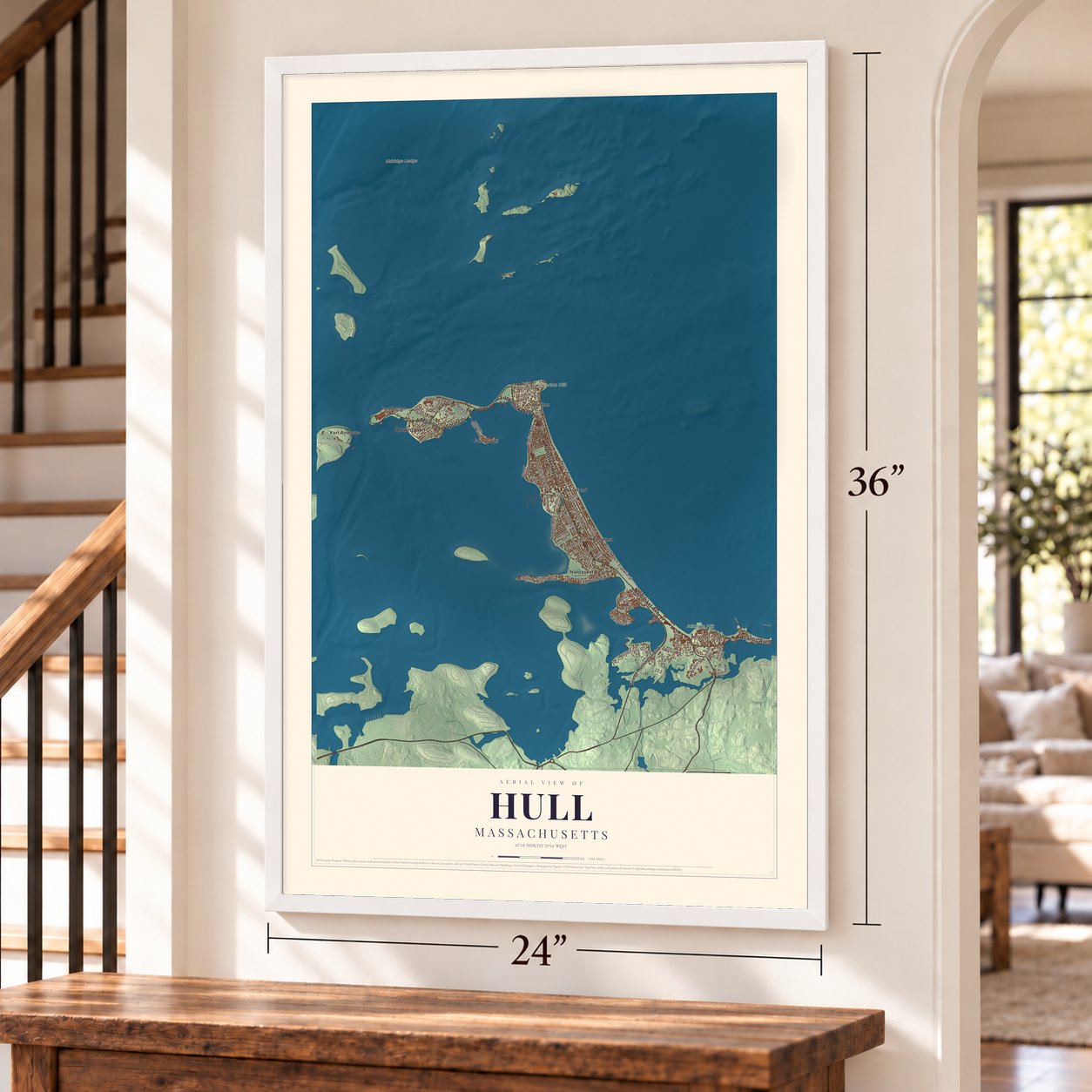 Hull, Massachusetts map, 24 x 36 inch print in a white frame by a staircase