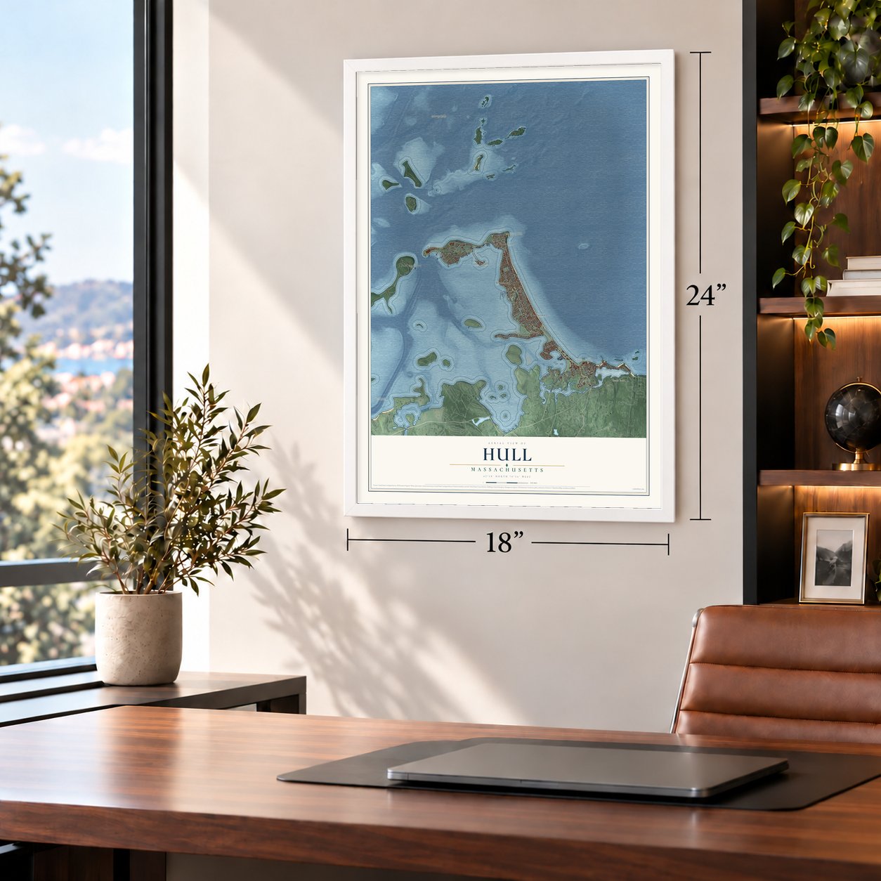 Hull, Massachusetts map, 18 x 24 inch print in a white frame in a home office