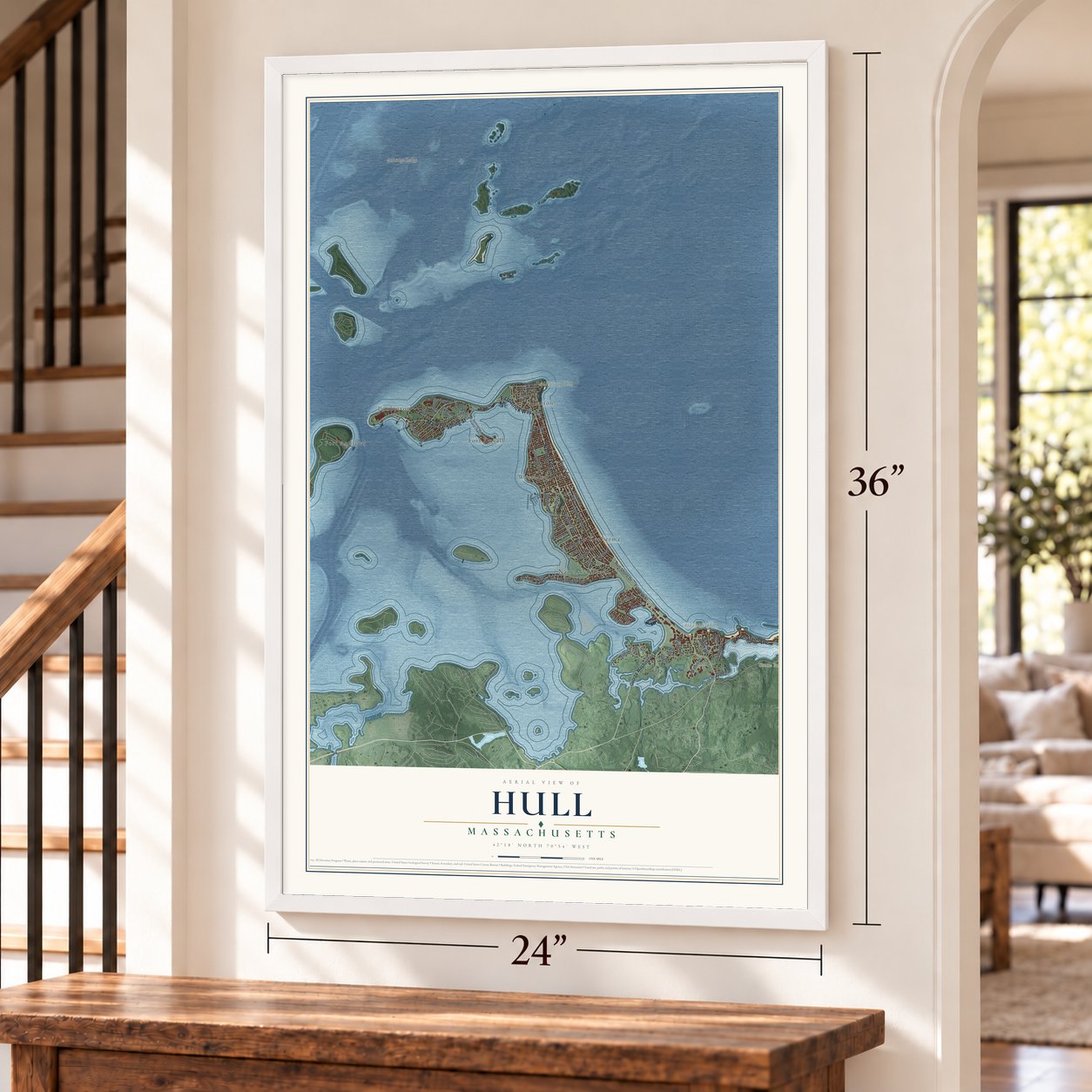 Hull, Massachusetts map, 24 x 36 inch print in a white frame by a staircase
