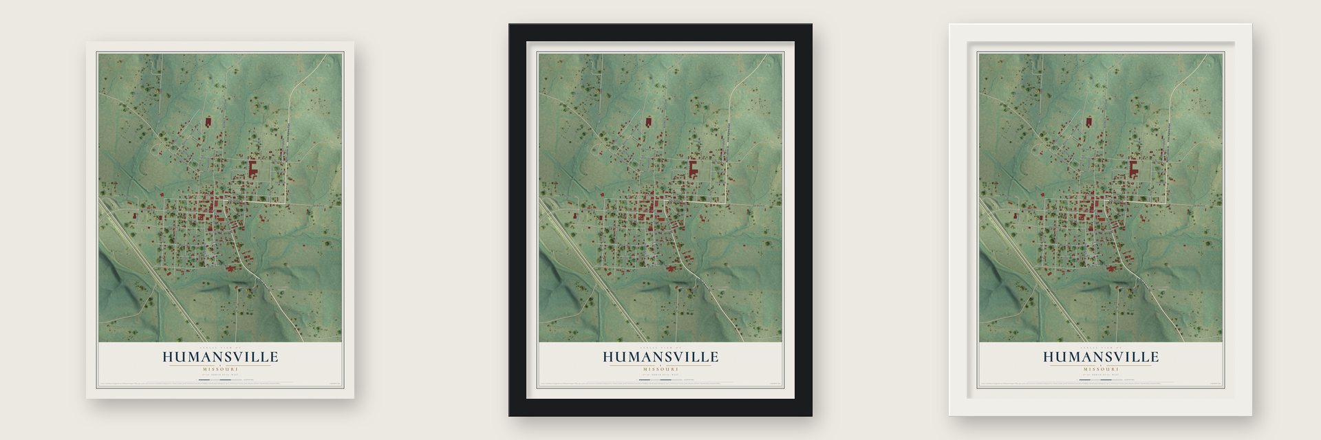 Humansville, Missouri map unframed, in a black wood frame and in a white wood frame