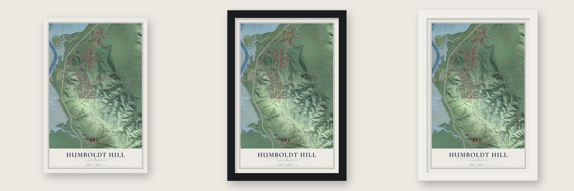 Humboldt Hill, California map unframed, in a black wood frame and in a white wood frame