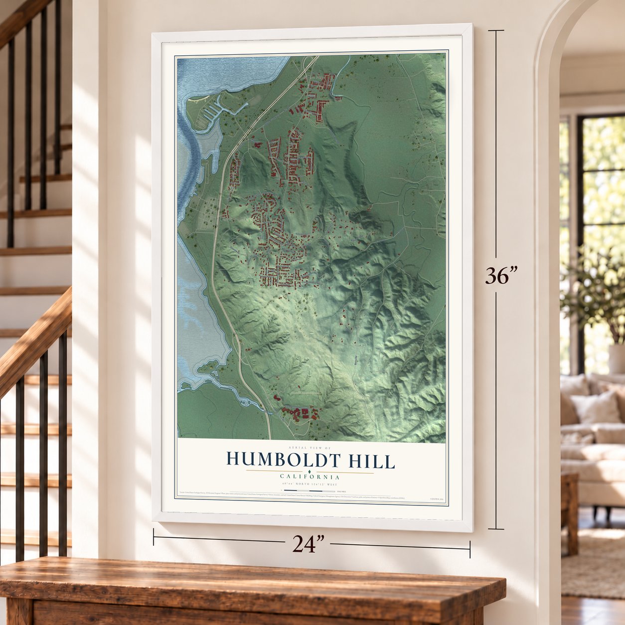 Humboldt Hill, California map, 24 x 36 inch print in a white frame by a staircase