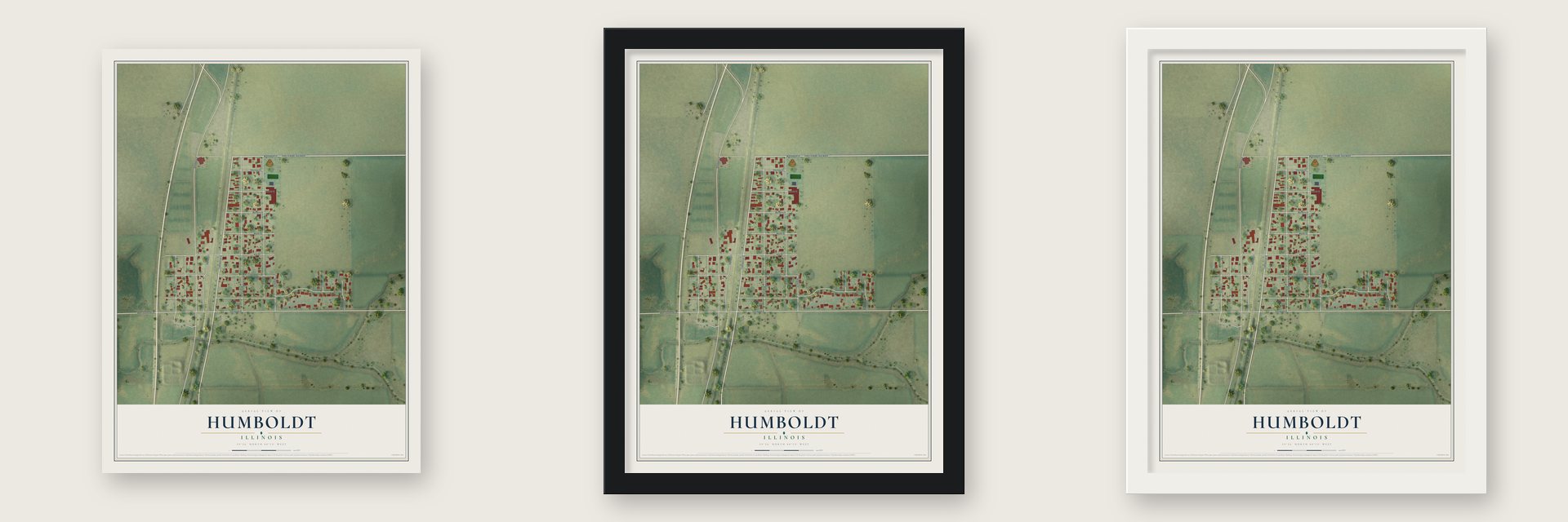Humboldt, Illinois map unframed, in a black wood frame and in a white wood frame