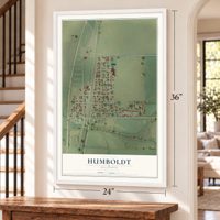 Humboldt, Illinois map, 24 x 36 inch print in a white frame by a staircase