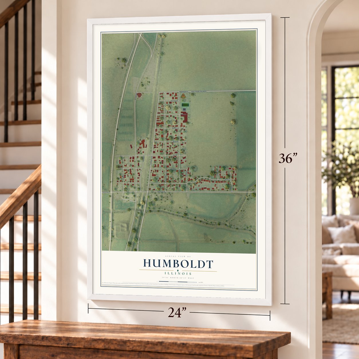 Humboldt, Illinois map, 24 x 36 inch print in a white frame by a staircase