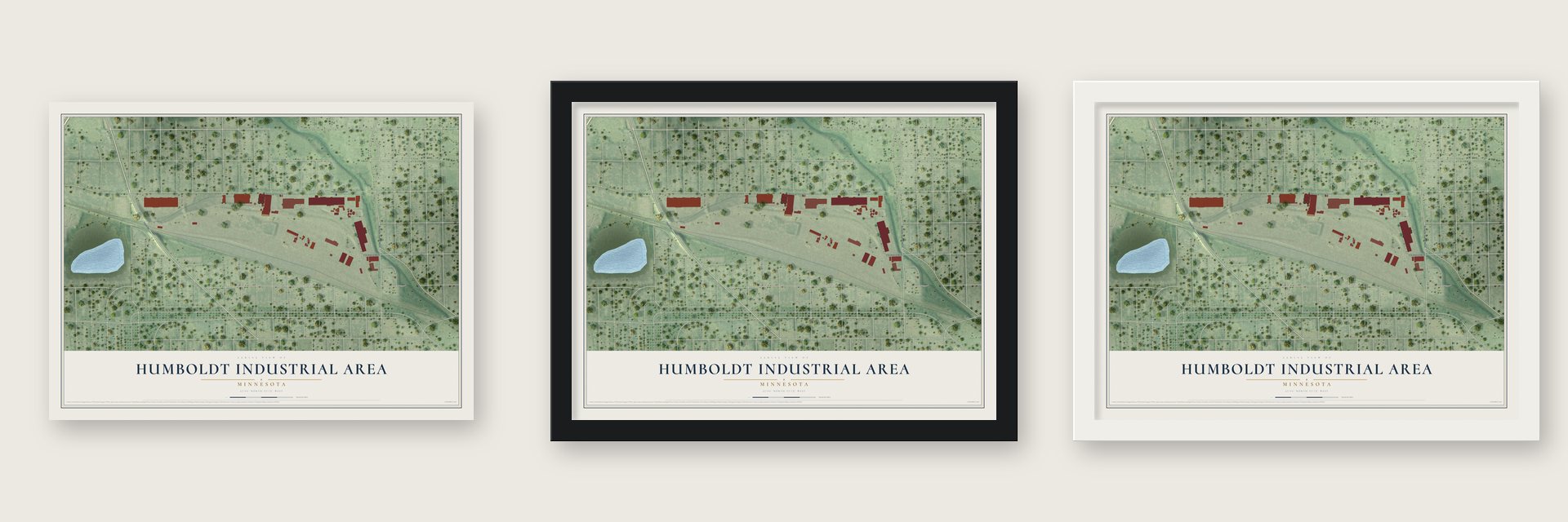 Humboldt Industrial Area, Minnesota map unframed, in a black wood frame and in a white wood frame