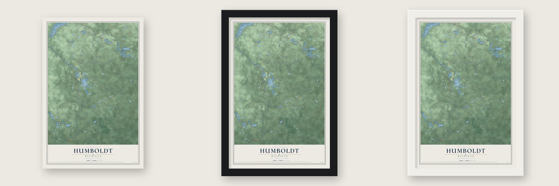 Humboldt, Michigan map unframed, in a black wood frame and in a white wood frame
