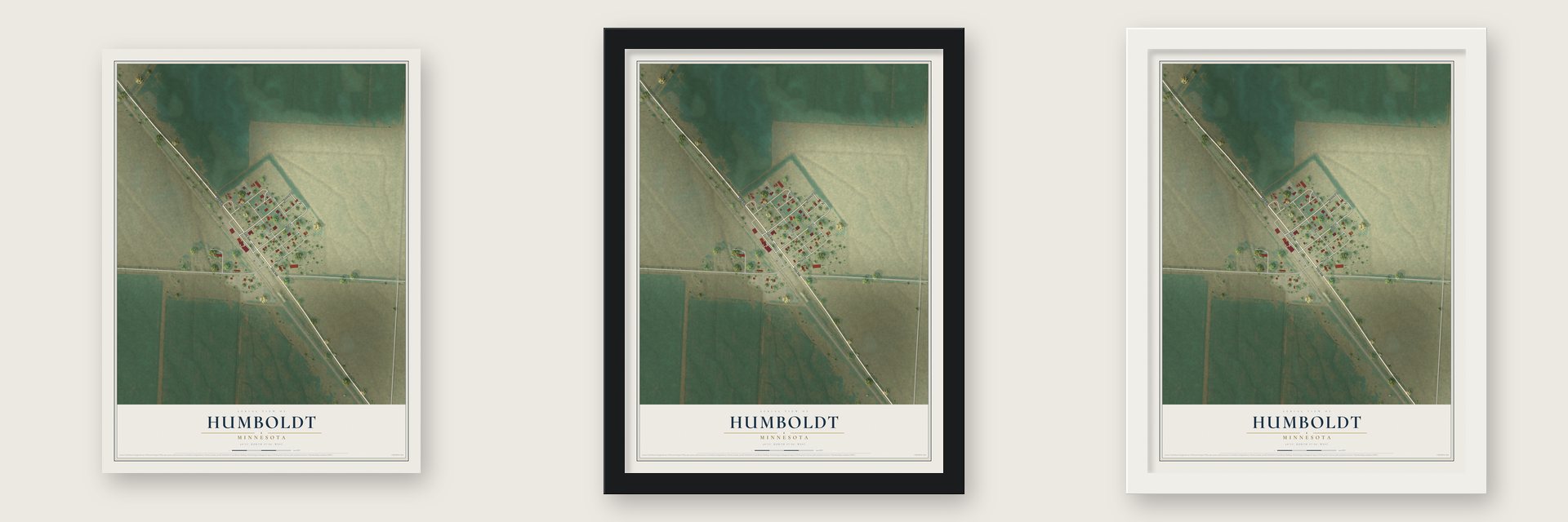Humboldt, Minnesota map unframed, in a black wood frame and in a white wood frame