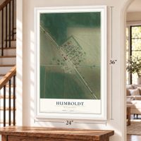 Humboldt, Minnesota map, 24 x 36 inch print in a white frame by a staircase