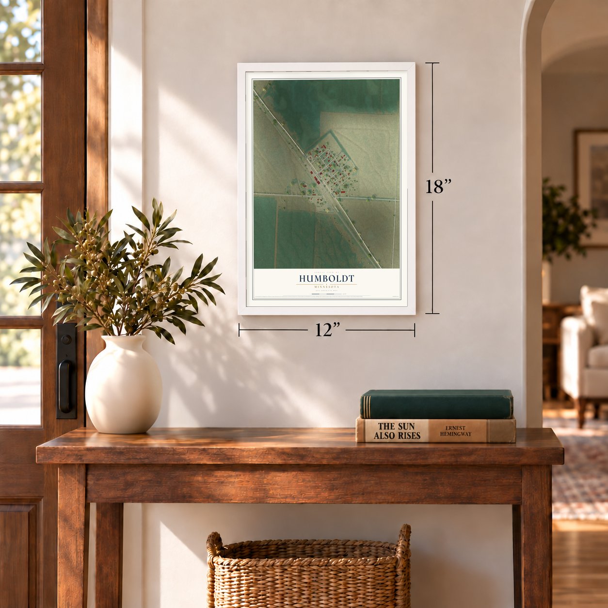 Humboldt, Minnesota map, 12 x 18 inch print in a white frame in an entryway