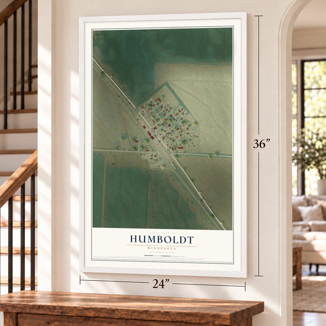 Humboldt, Minnesota map, 24 x 36 inch print in a white frame by a staircase