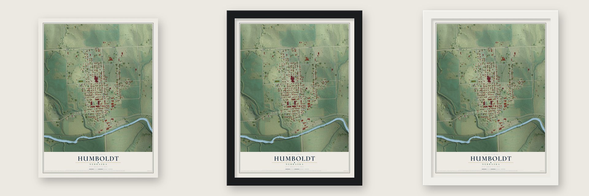 Humboldt, Nebraska map unframed, in a black wood frame and in a white wood frame