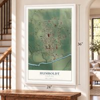 Humboldt, Nebraska map, 24 x 36 inch print in a white frame by a staircase
