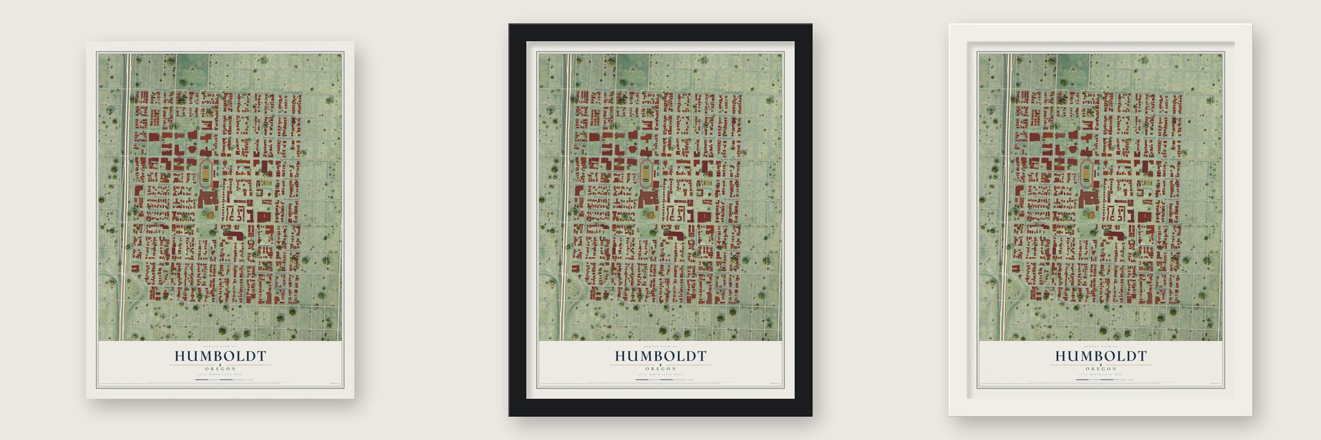 Humboldt, Oregon map unframed, in a black wood frame and in a white wood frame