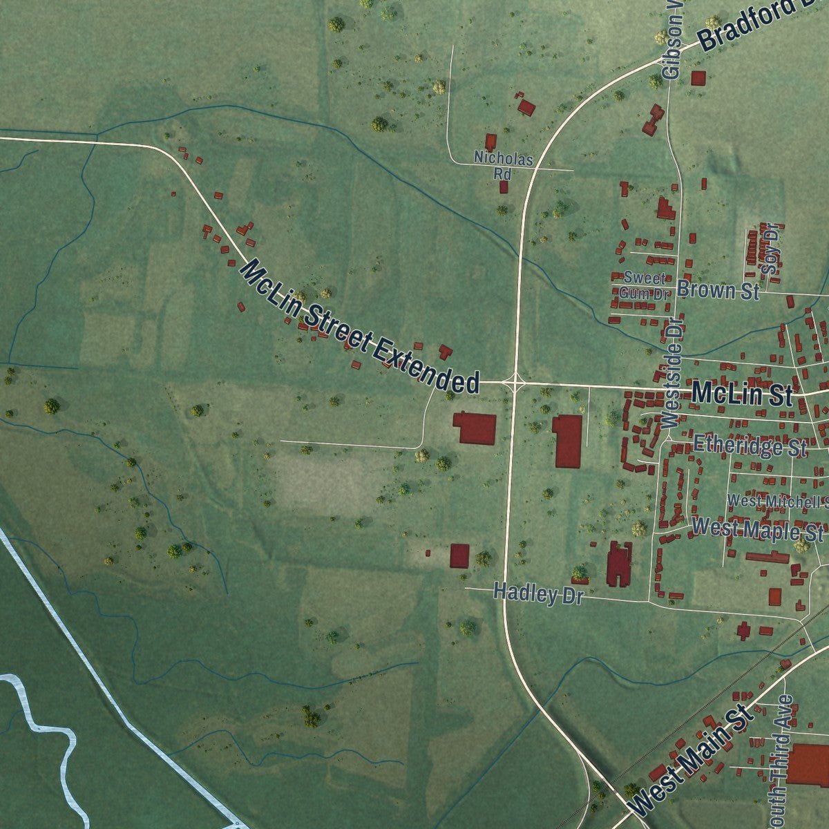 Second close-up of the map of Humboldt, Tennessee print showing more streets and buildings