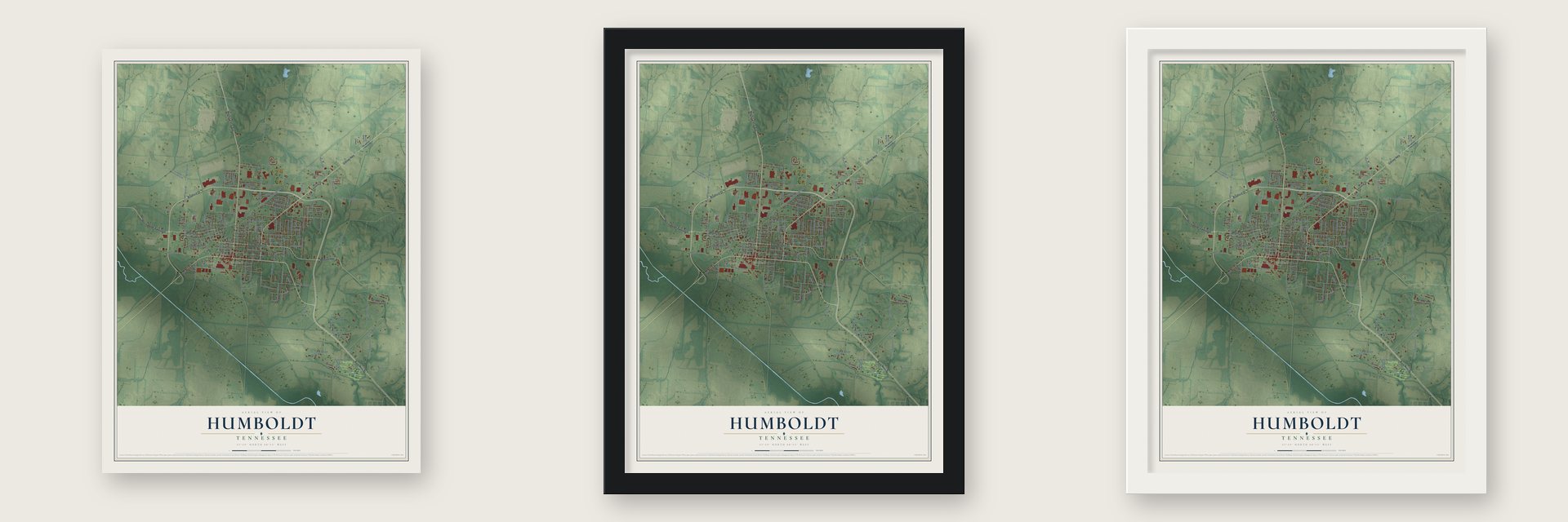Humboldt, Tennessee map unframed, in a black wood frame and in a white wood frame