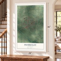 Humboldt, Tennessee map, 24 x 36 inch print in a white frame by a staircase