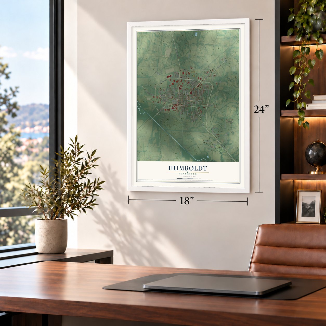 Humboldt, Tennessee map, 18 x 24 inch print in a white frame in a home office