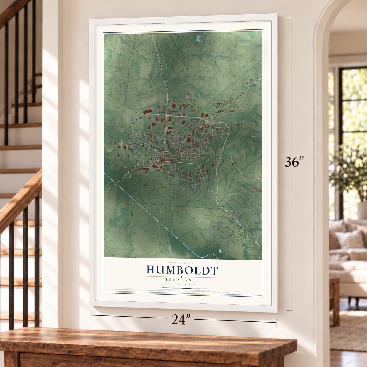 Humboldt, Tennessee map, 24 x 36 inch print in a white frame by a staircase