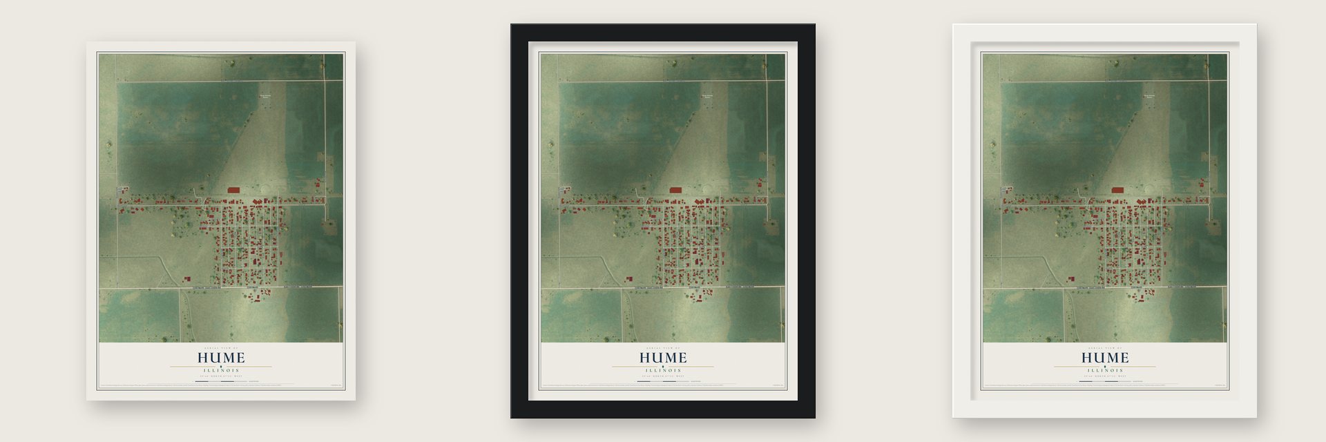 Hume, Illinois map unframed, in a black wood frame and in a white wood frame