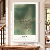 Hume, Illinois map, 24 x 36 inch print in a white frame by a staircase