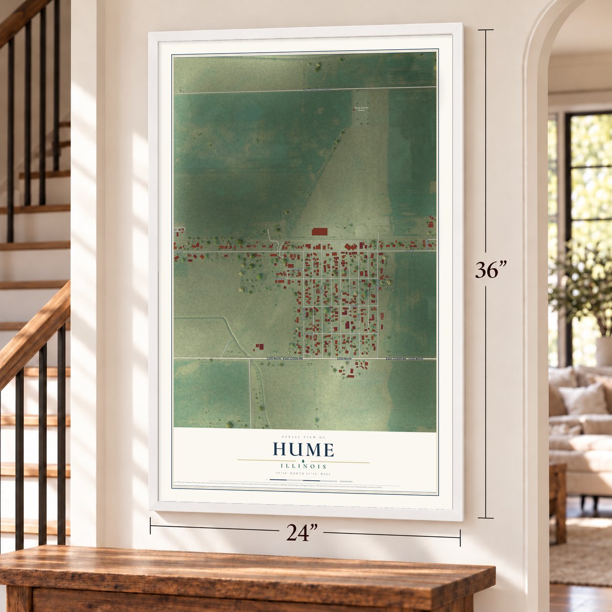 Hume, Illinois map, 24 x 36 inch print in a white frame by a staircase