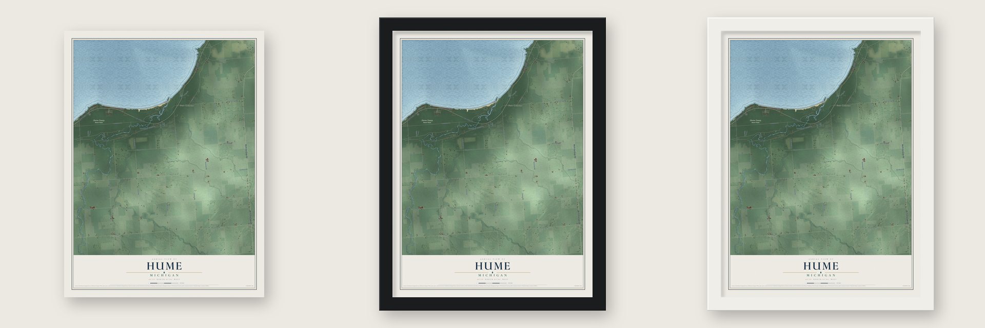 Hume, Michigan map unframed, in a black wood frame and in a white wood frame