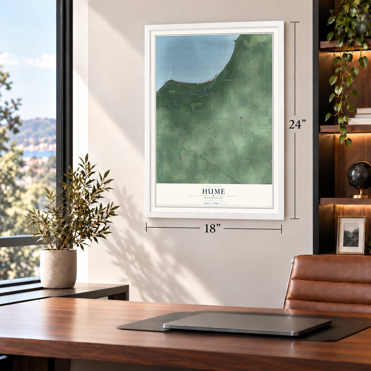 Hume, Michigan map, 18 x 24 inch print in a white frame in a home office