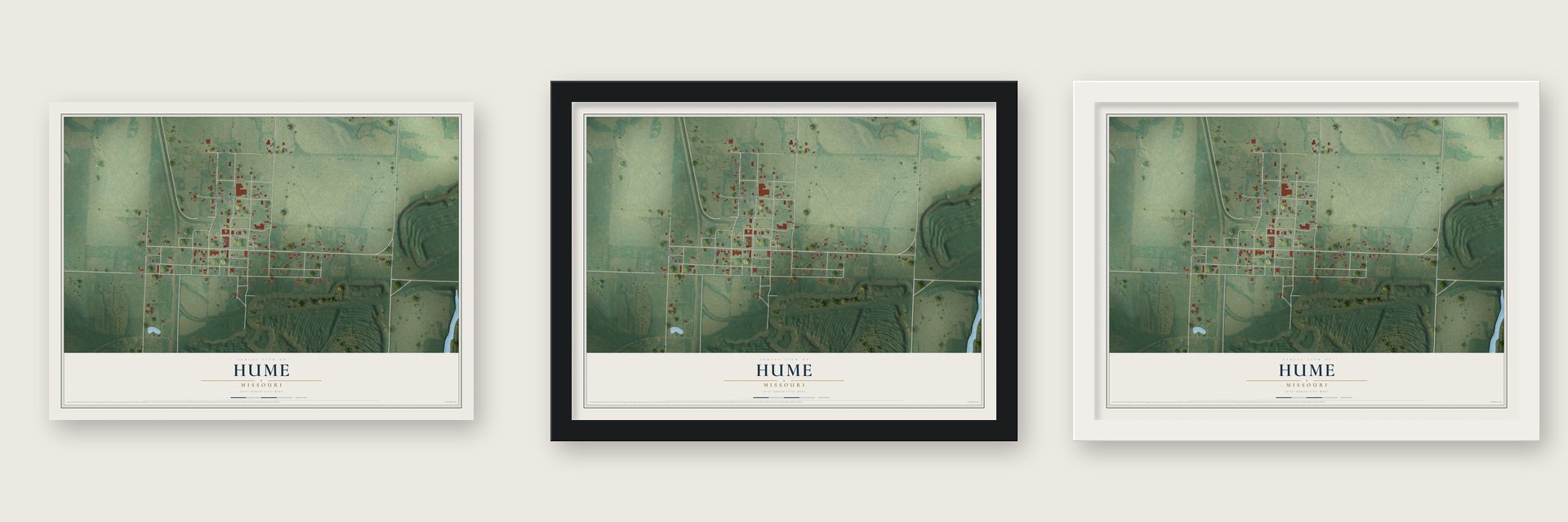 Hume, Missouri map unframed, in a black wood frame and in a white wood frame