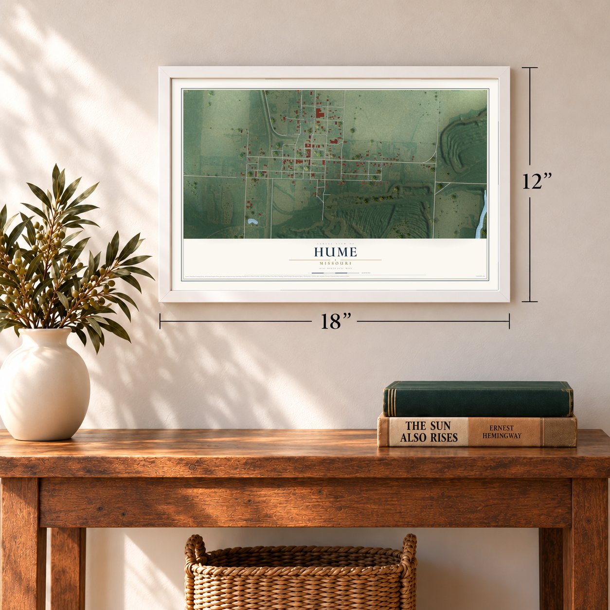 Hume, Missouri map, 12 x 18 inch print in a white frame in an entryway