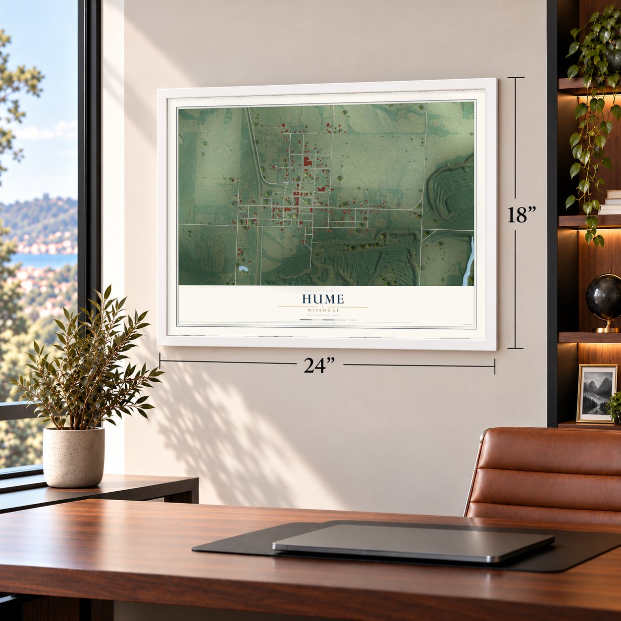 Hume, Missouri map, 18 x 24 inch print in a white frame in a home office