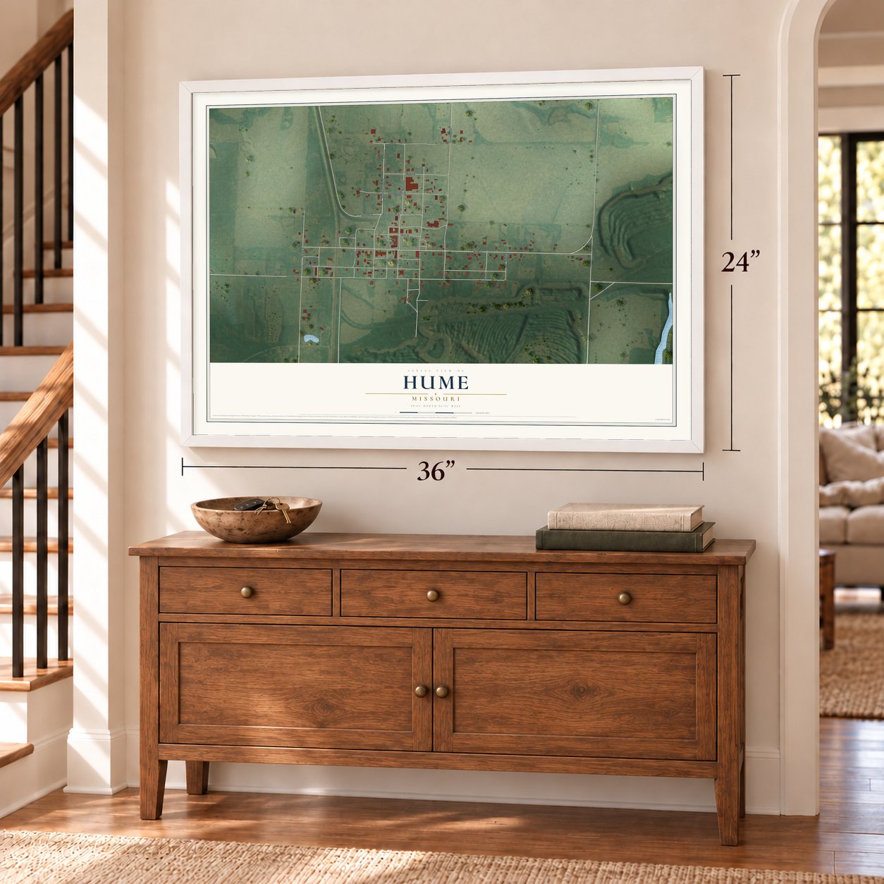 Hume, Missouri map, 24 x 36 inch print in a white frame above a dresser by a staircase