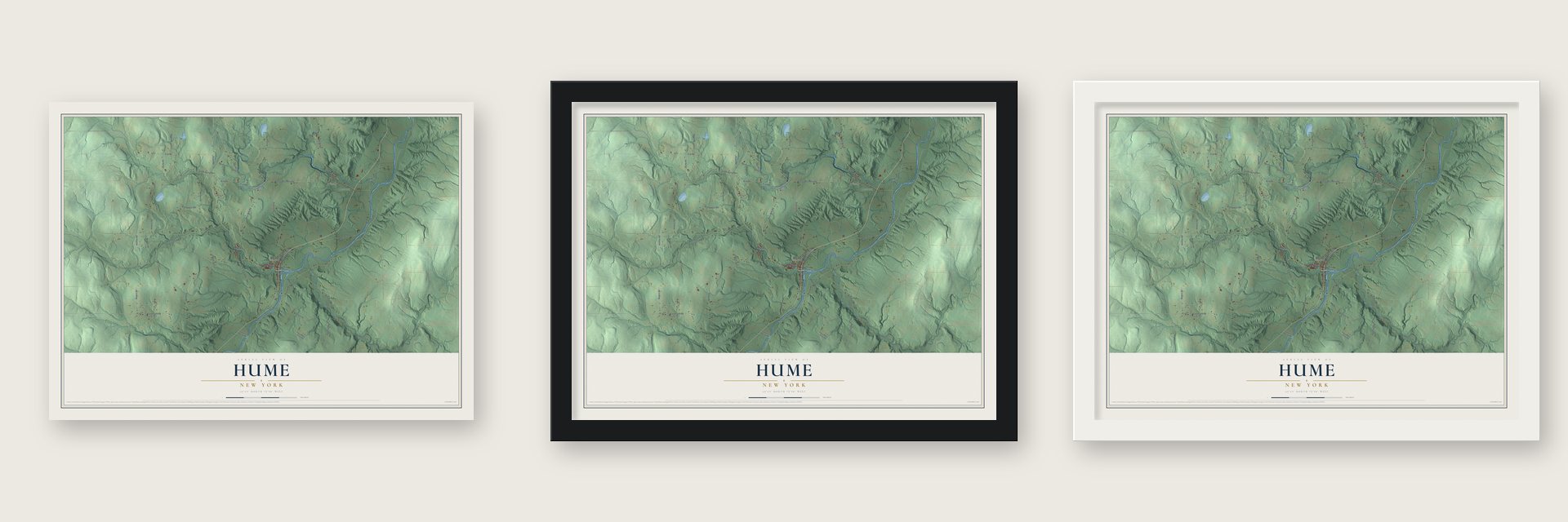 Hume, New York map unframed, in a black wood frame and in a white wood frame