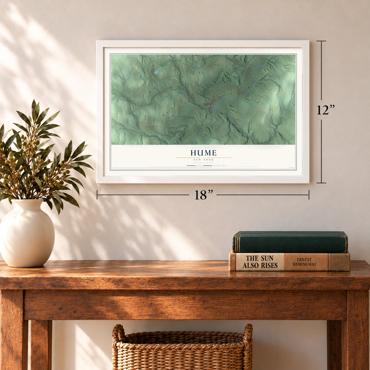 Hume, New York map, 12 x 18 inch print in a white frame in an entryway