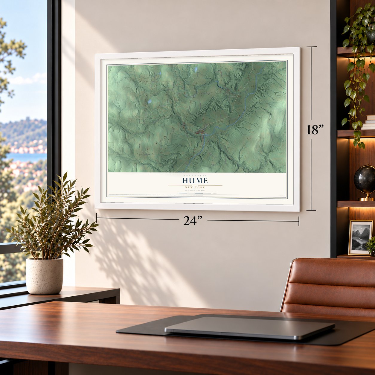 Hume, New York map, 18 x 24 inch print in a white frame in a home office