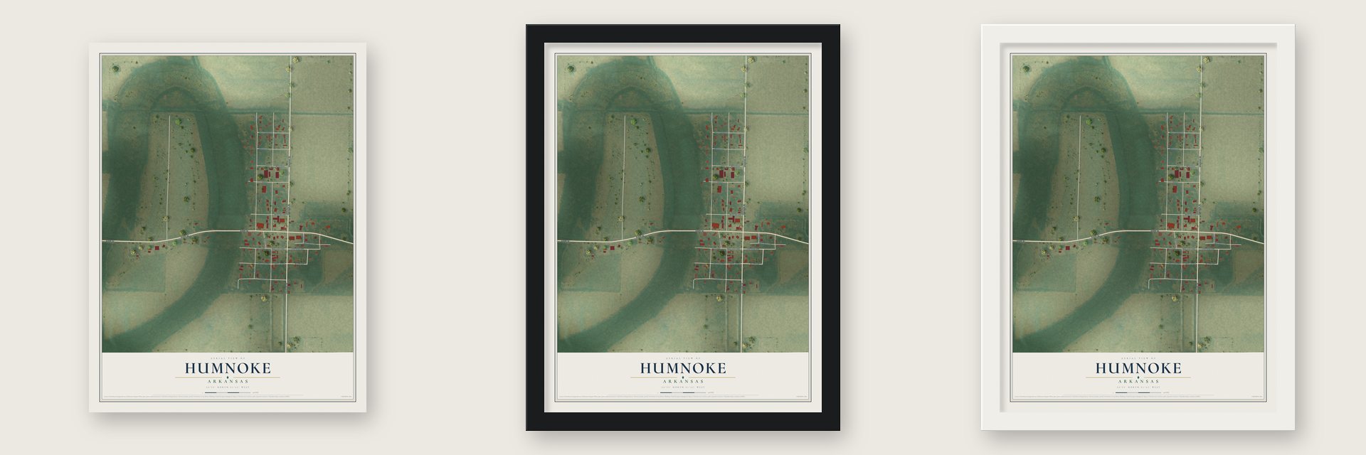 Humnoke, Arkansas map unframed, in a black wood frame and in a white wood frame