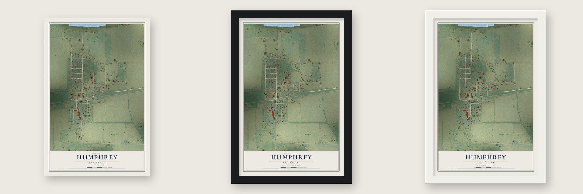 Humphrey, Arkansas map unframed, in a black wood frame and in a white wood frame