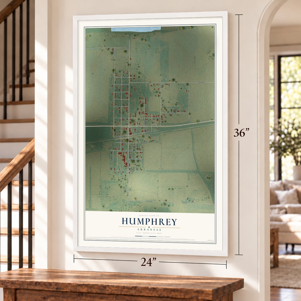 Humphrey, Arkansas map, 24 x 36 inch print in a white frame by a staircase