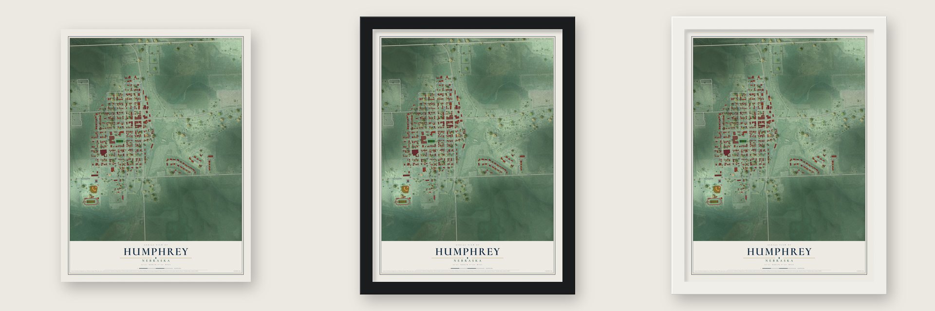 Humphrey, Nebraska map unframed, in a black wood frame and in a white wood frame