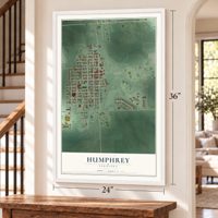 Humphrey, Nebraska map, 24 x 36 inch print in a white frame by a staircase