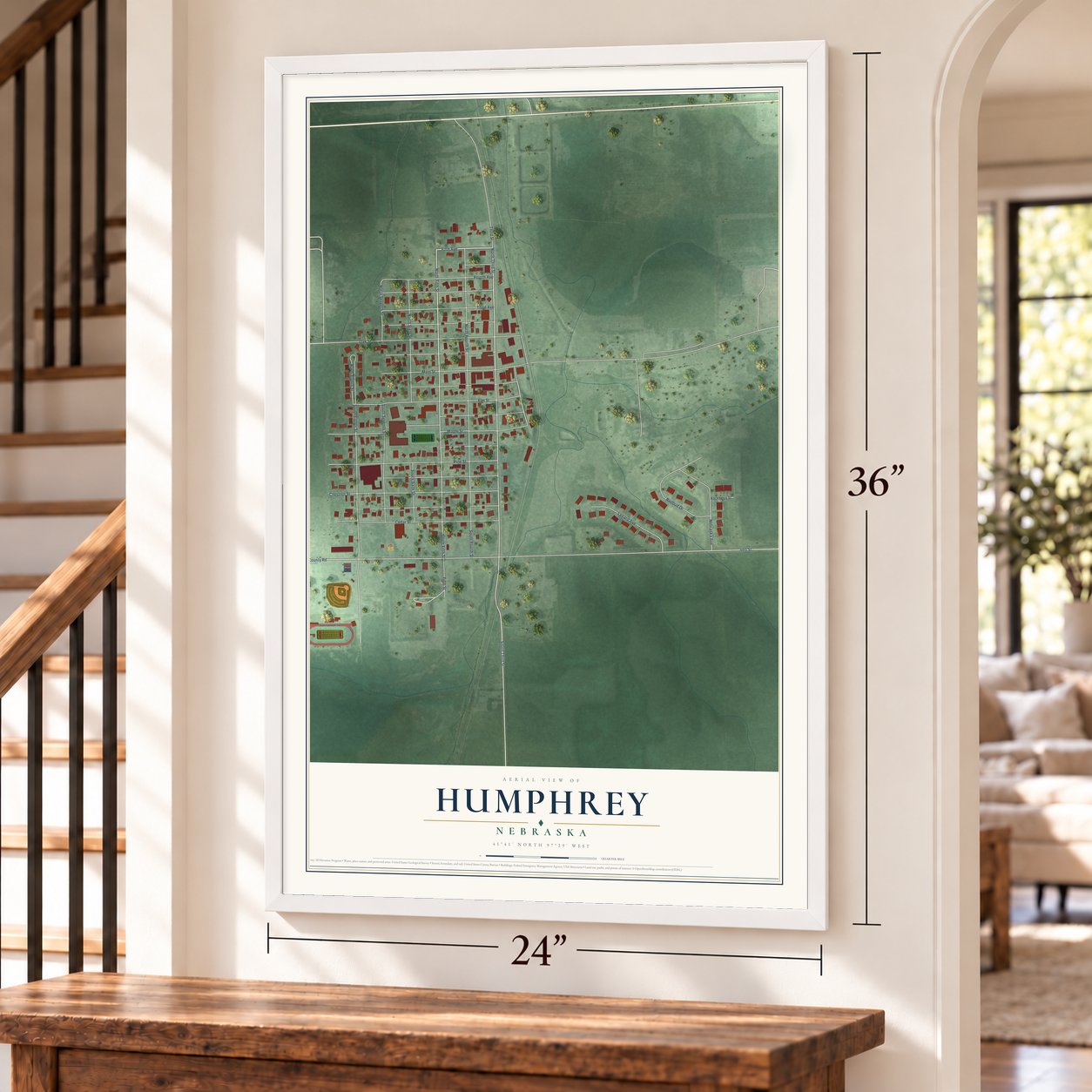Humphrey, Nebraska map, 24 x 36 inch print in a white frame by a staircase