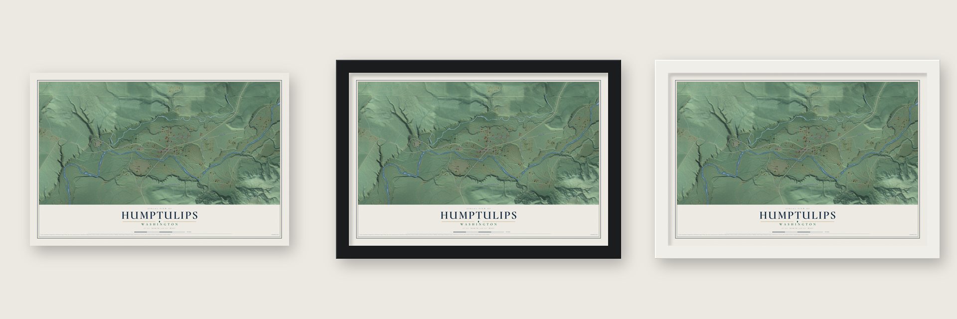Humptulips, Washington map unframed, in a black wood frame and in a white wood frame